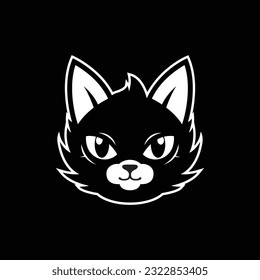 logotipo de gato negro sonriente en fondo negro, logotipo para tienda de mascotas, ilustración en blanco y negro, diseño de logotipo