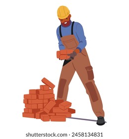 Smiling Black Construction Worker Character Wearing Hard Hat And Overalls, Laying Red Bricks. Concept Of Manual Labor, Building And Construction Work. Cartoon People Vector Illustration