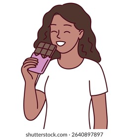 Smiling Black Dark Brown skinned haired woman holding and eating a chocolate bar, showing a cheerful moment of enjoyment, indulgence, and sweetness