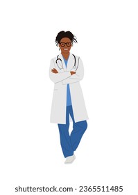 Smiling black female doctor, nurse. Pretty African american woman medic worker in uniform, white lab coat with stethoscope. Flat cartoon vector illustration isolated on white background.