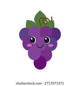 Uva negra sonriente, carácter lindo de la historieta, cara feliz, estilo kawaii, ojos grandes, vino tinto jugoso maduro, símbolo, emoji, Ilustración vectorial del icono.
