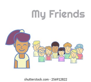 Smiling black haired girl representing her friends in social networks