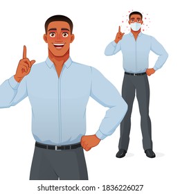 Smiling black man in pointing finger up to give advice or recommendation. Protection from Coronavirus. Vector illustration isolated on white background.
