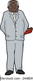 Smiling Black man in suit holding gift behind his back