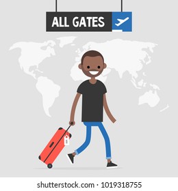 Smiling black passenger walking by the airport with a hand luggage. Travel illustration. All gates sign. Flight. Flat vector, clip art
