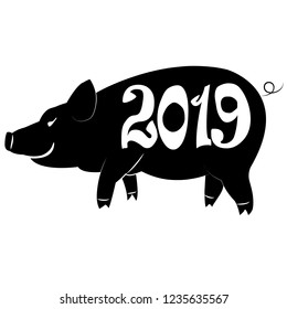 Smiling black pig with the inscription on the side 2019 on a white background