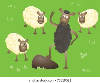 Smiling Black sheep stands and greetings between usual and sad sheep. Abstract humorous image.