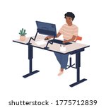 Smiling black skin female employee sitting at modern ergonomic workplace vector flat illustration. Joyful woman working at computer isolated on white. Contemporary office adjustable furnituring