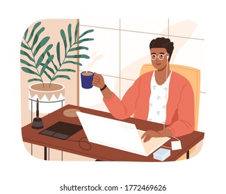 Smiling black skin freelancer male working remotely use laptop vector flat illustration. Modern designer man sitting at table with cup of coffee isolated. Self employed guy at comfortable workplace