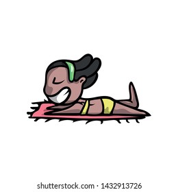 Smiling black skin woman lie on beach towel