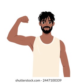 Smiling black sportsman flex biceps and looking pleased at his strong muscle arm. Flat vector illustration isolated on white background