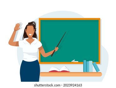 A smiling black teacher on the background of a blackboard with a pointer. A woman in class. Vector illustration in flat style.