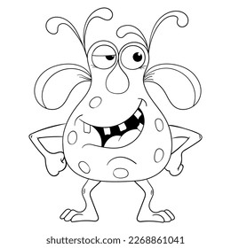 A smiling black and white monster. A funny cartoon alien. A funny microbe. Illustration for colouring in. 