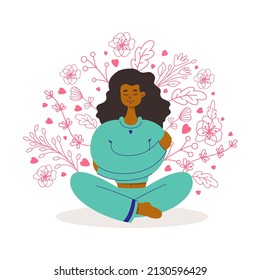 Smiling black woman Hugging herself and sitting, around the plants. Love yourself, self care, Body care, self acceptance, positive concept. Hand drawn vector flat cartoon illustration.