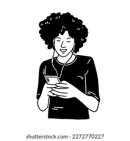 Smiling Black woman with mobile phone People lifestyle social media Hand drawn line art Illustration