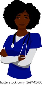 A smiling black woman nurse wearing a stethoscope stands with arms crossed.