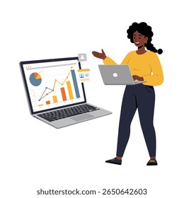 A smiling Black woman presents data displayed on a large laptop screen showing graphs and charts, indicating a business presentation or data analysis.