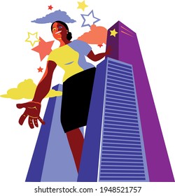 Smiling black woman standing above skyscrapers and giving a hand to reach for the stars, EPS 8 vector illustration