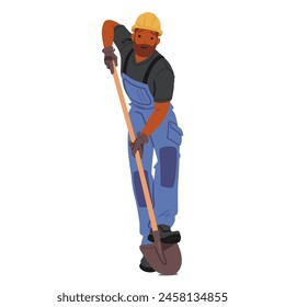 Smiling Black Worker In Blue Overalls And Hard Hat, Working with Shovel, Character Engages in Manual Labor And Construction Work with Positive Attitude On Job Site. Cartoon People Vector Illustration