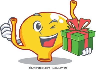 Smiling bladder cartoon character having a green gift box