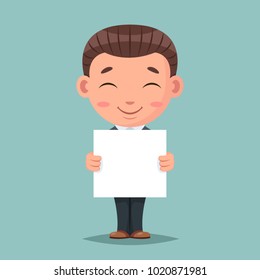 Smiling blank paper promotion advert stick cute businessman mascot happy support approval characters cartoon set design vector illustration