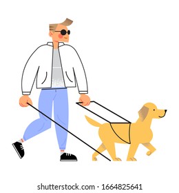 Smiling blind disabled young man walking dog vector illustration