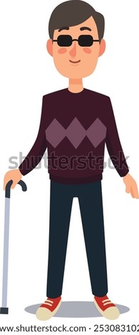 Smiling blind man confidently stands with his cane, exuding happiness and independence in casual clothes and dark glasses, embodying self reliance and determination