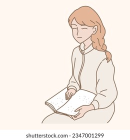 Mujer ciega sonriente leyendo libro en Braille. Día Mundial de Braille. Dibujo manual de caricaturas planas ilustraciones vectoriales.