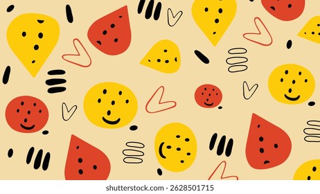 Bolhas sorridentes e elementos abstratos desenhados à mão em tons amarelos e vermelhos alegres. Ótimo para marcas divertidas e visuais para crianças.