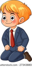 Lächelnder blonder Junge in blauem Anzug und rotem Krawattenknien, Cartoon, Vektorgrafik, weißer Hintergrund