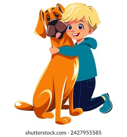 Smiling blond boy kid hugging happy big ginger dog Great Dane. Flat vector isolated illustration