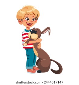 Smiling blond boy kid hugging happy big brown dog. Flat vector isolated illustration