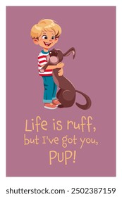 Smiling blond boy kid hugging happy big brown dog. Flat vector isolated illustration