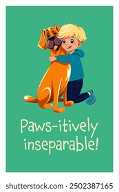 Smiling blond boy kid hugging happy big ginger dog Great Dane. Flat vector isolated illustration