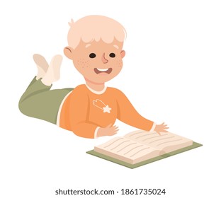 Smiling Blond Boy Lying on Floor and Reading Book, Preschool Boy Enjoying Literature, Kids Education Concept Cartoon Style Vector Illustration