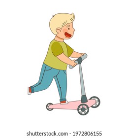 Smiling Blond Boy Riding Kick Scooter Enjoying Outdoor Activity Vector Illustration