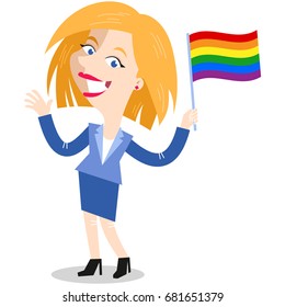 Smiling blond caucasian cartoon business woman waving rainbow lgbt flag celebrating gay pride isolated on white background