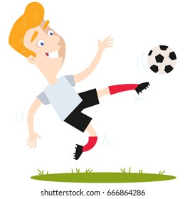 Smiling blond caucasian cartoon football player wearing red shirt and blue shorts kicking football in mid-air isolated on white background