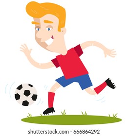 Smiling blond caucasian cartoon football player wearing red shirt and blue shorts running and kicking football isolated on white background