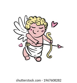 smiling blond cupid, kid with wings, bow and arrow in his hands