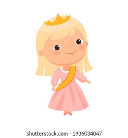 Smiling Blond Girl in Pretty Dress with Crown on Her Head and Victory Ribbon Vector Illustration