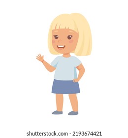 Smiling Blond Little Girl Character in Blue Skirt in Standing Pose Waving Hand Vector Illustration