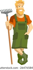 Smiling blond man with a beard in a farmer's suit and a rake in his hand.