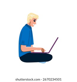 Estudiante rubio sonriente sentado con las piernas cruzadas mientras usa una computadora portátil, participando en el estudio o trabajo a distancia, encarnando un estilo de vida moderno y alegre en un entorno de oficina en casa