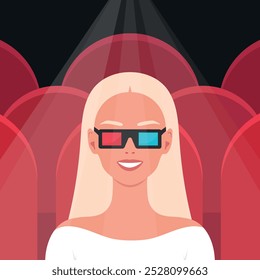 Mujer rubia sonriente en gafas 3d sentada en el cine. Chica viendo películas en el cine. Ilustración vectorial