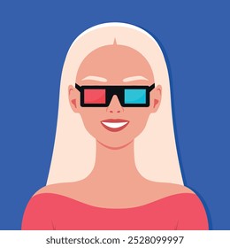 Mujer rubia sonriente en gafas 3d. Muchacha que ve la película 3d. Ilustración vectorial