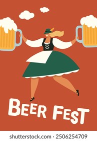 Smiling blond woman, waitress in traditional Bavarian clothes holding foamy beer mugs against green background. Concept of Oktoberfest, festival, holiday, brewery. Vector illustration card, poster