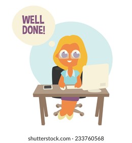 smiling blonde business women sitting at the table, working and looking on display. None outline cartoon character, simplicity flat style, vector illustration.