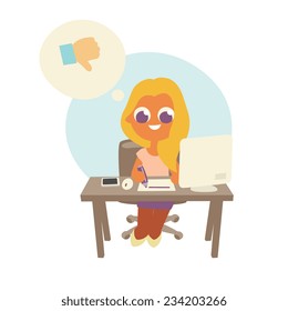 smiling blonde business women sitting at the table and write document. None outline cartoon character, simplicity flat style, vector illustration.