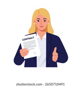 Uma empresária loira sorridente mantém um contrato e oferece um aperto de mão, sugerindo um acordo comercial ou acordo.